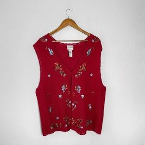 Vintage Red Embroidered Floral Knit Vest 2X Grandmacore Cottagecore Boho